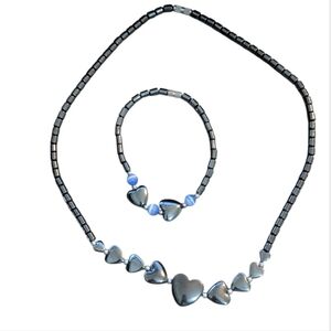 Hematatite Heart Beaded Necklace And Bracelet 2PC Set
